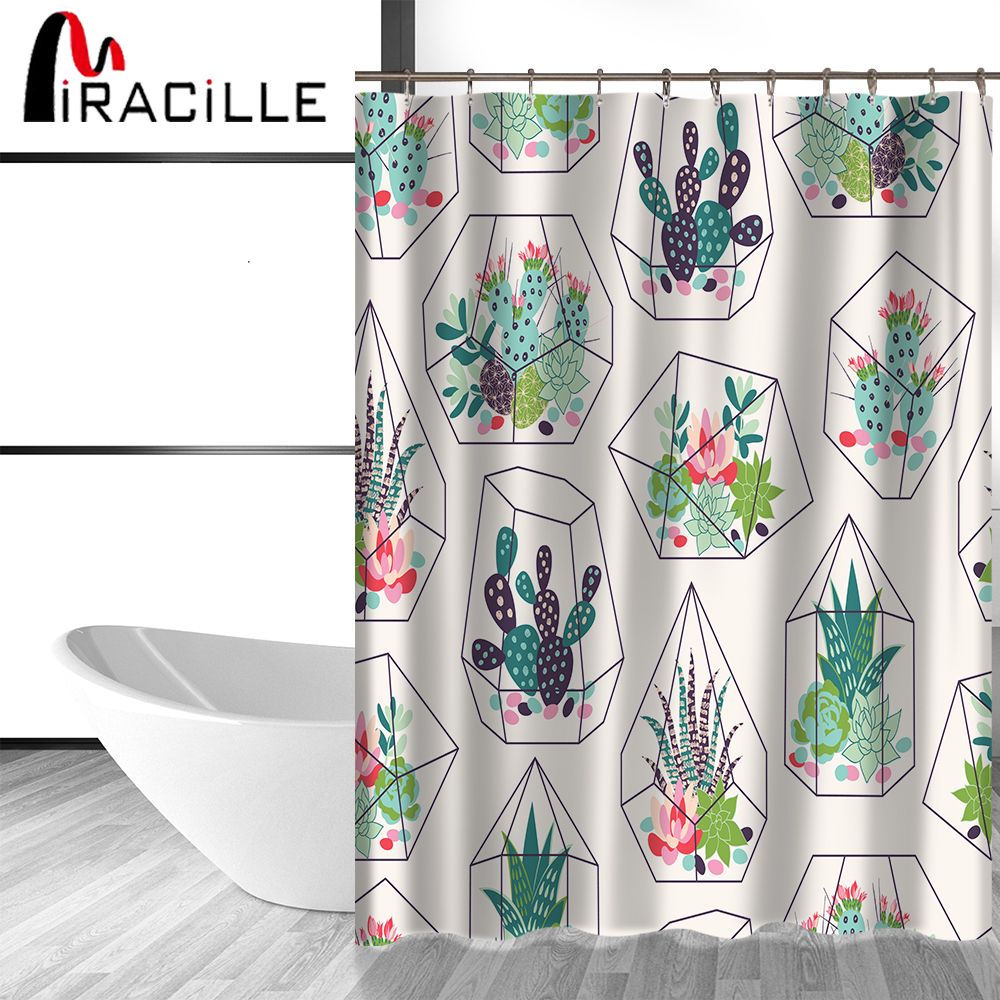 2018 Miracille Green Potted Plants Cactus Succulents Print Shower 2018 Miracille Green Potted Plants Cactus Succulents Print Shower Curtain Polyester Waterproof Bathroom With Fabric 12 Hooks From Caley