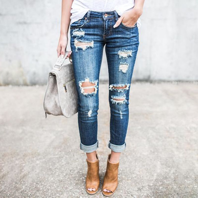 Bigsweety Zippée Crayon Femmes Cheville Occasionnels Pantalons Dames Slim Cassés Jeans Pantalon Élasthanne Mode La Mouche Trous À kOiuPXZ