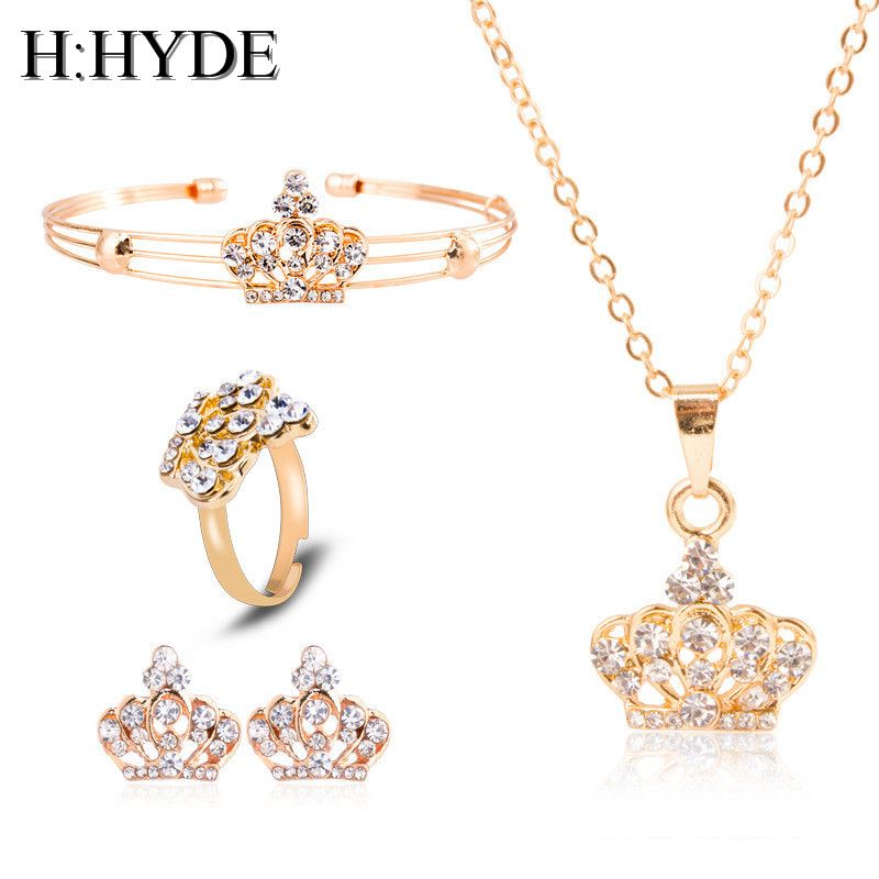 Gold Color Crown Bridal Jewelry Set Hollow Flower Necklace