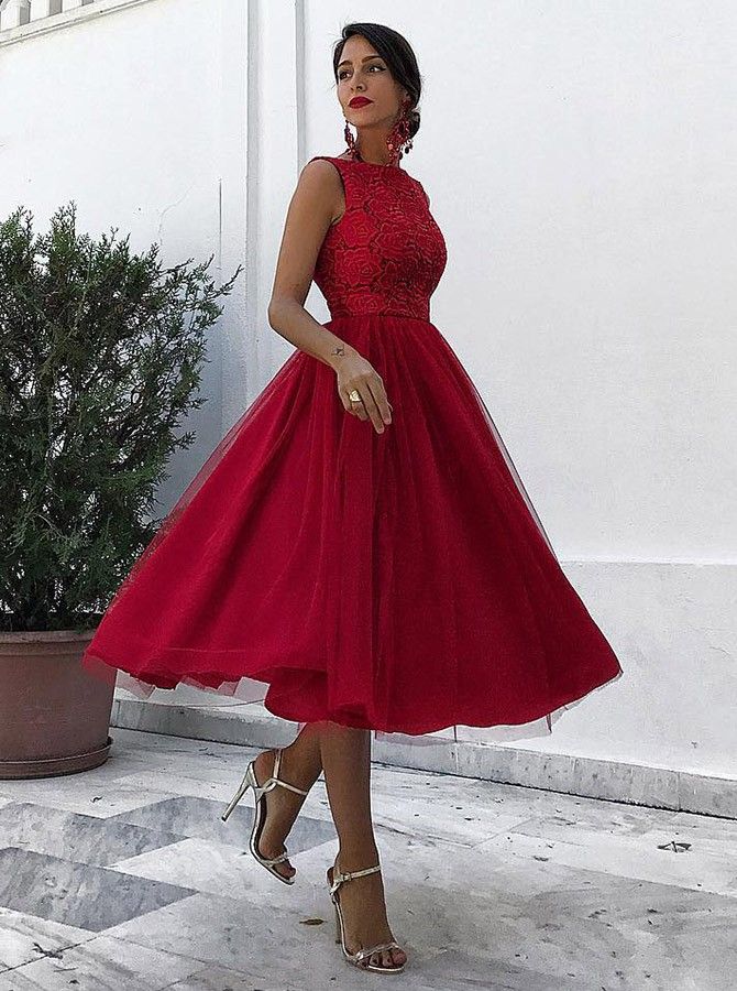 Dark Red Midi Length Prom Dresses 