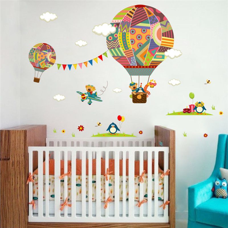 Colorful Hot Air Balloon Animal Nursery Room Wall Sticker Bear Giraffe Children S Cartoon Classroom Decals Poster
