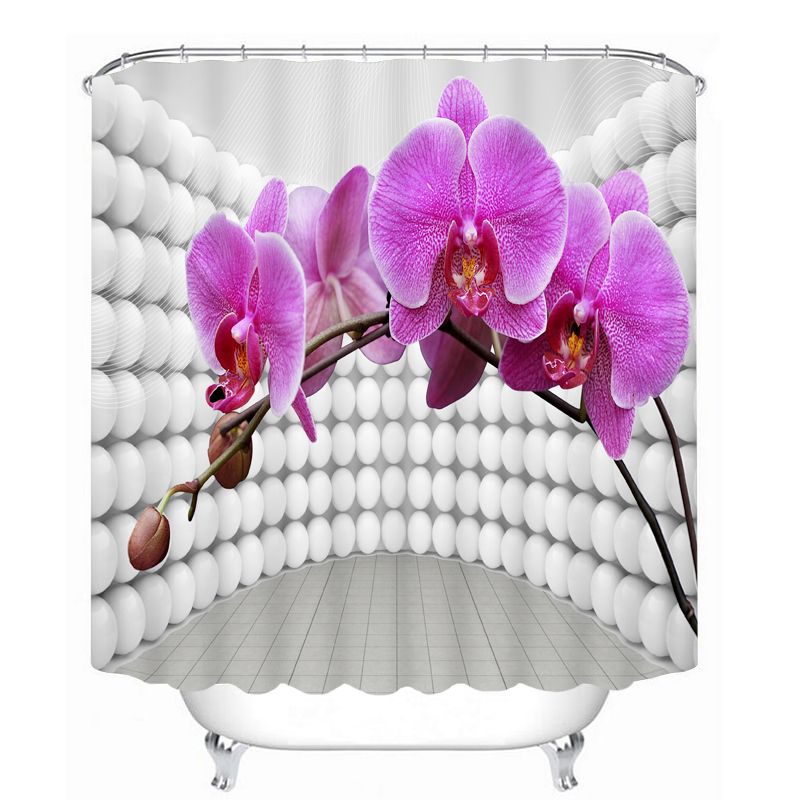 New 3D Shower Curtains Purple Flowers Pattern Waterproof Fabrics Wedding Bathroom Curtains Washable Bathroom Products Hooks