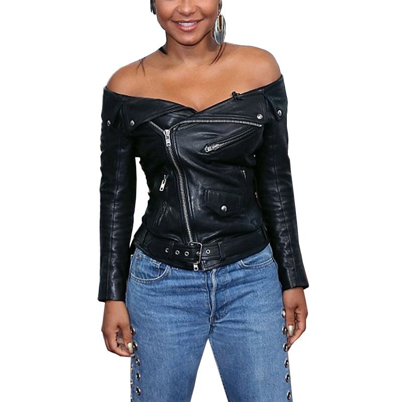 Aproms Fall Black Faux Leather Off The Shoulder Short Jackets Zipper Aproms Fall Black Faux Leather Off The Shoulder Short Jackets Zipper Women Biker Jacket Autumn Winter Outerwear Basic Coats Designer Avirex