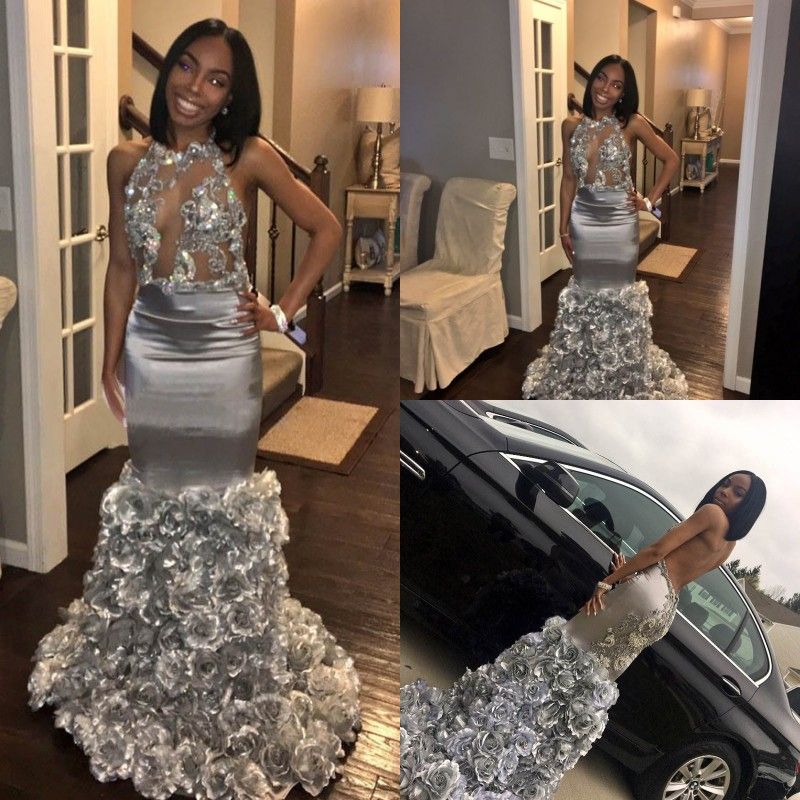 Silver Sequin Halter Prom Dress