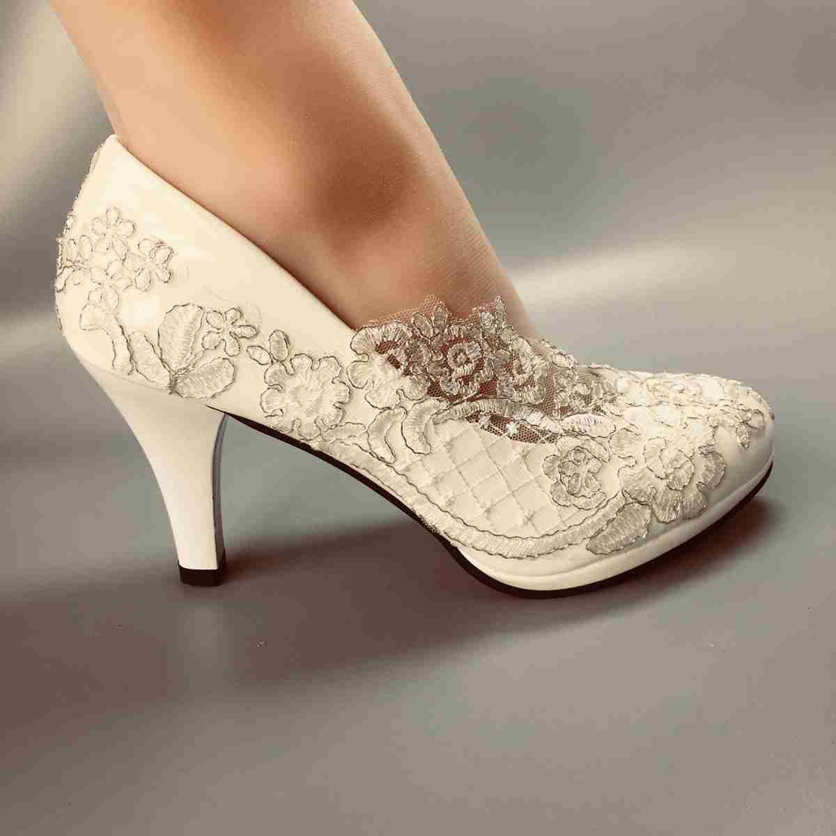 Acheter Chaussures De Mariage Pour Femmes Robes De Mariée En Dentelle Blanche Imperméable HEEL