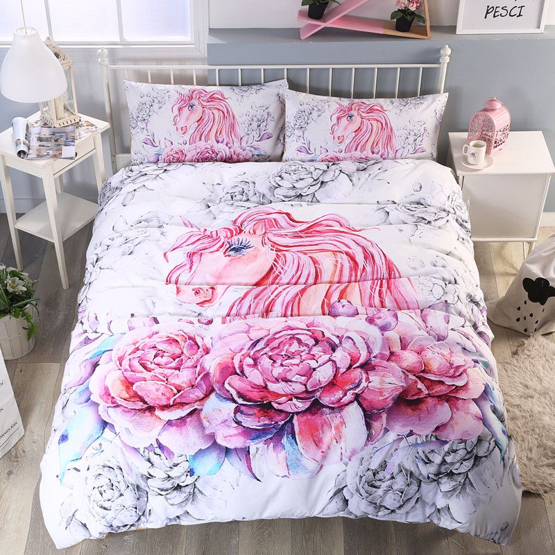 Fanaijia Flower Unicorn Bedding Set Queen Size 3d Printed Pink Quilt Fanaijia Flower Unicorn Bedding Set Queen Size 3d Printed Pink Quilt Cover With Pillowcases Bed Kids Bedline Drop Sets Clearance