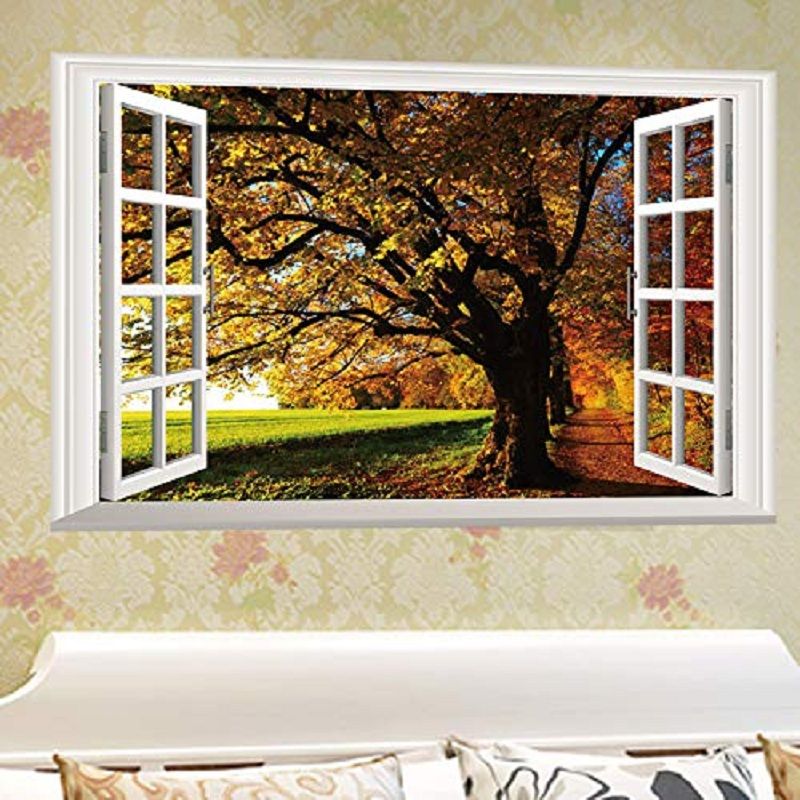 Fall Trees View 3d Window Wall Stickers Rurality Removable Creative Decal Art Home Room Mural Decor Fake Windows Big Tree Walls