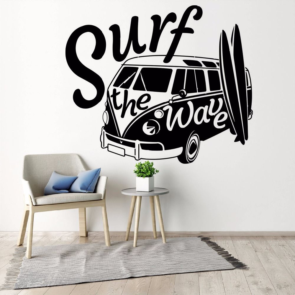 Modern wall decal surf the wave with camper car old vintage auto car wall mural vinyl camper van wall poster decal your wall decals from xymy757