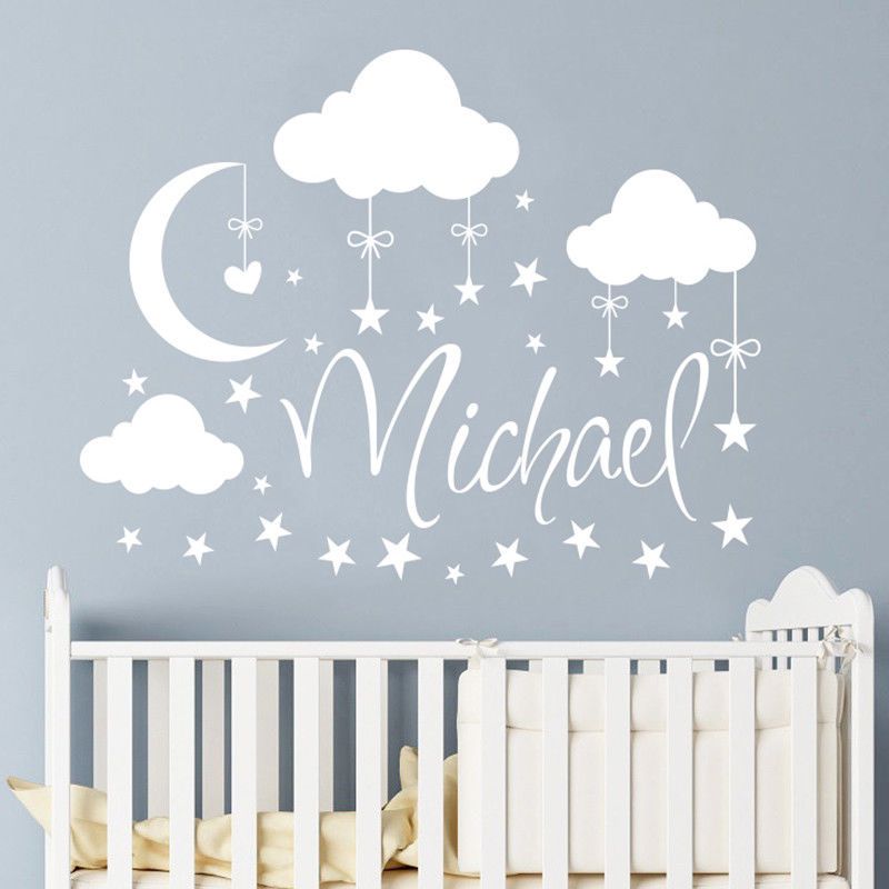 Personalized Name Wall Decal Clouds Moon Stars Wall Sticker Babys Bedroom Decor Customized Name Vinyl Nursery Mural Ay926