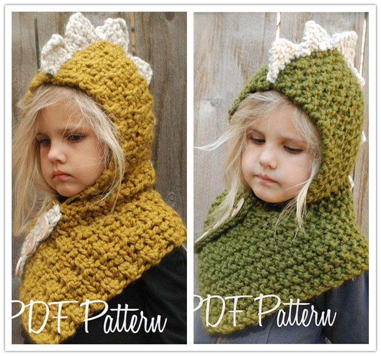 Kids Boys Girls Winter Hat Knit Crochet Dinosaur Hood Scarf Beanie Hat 2-8Y