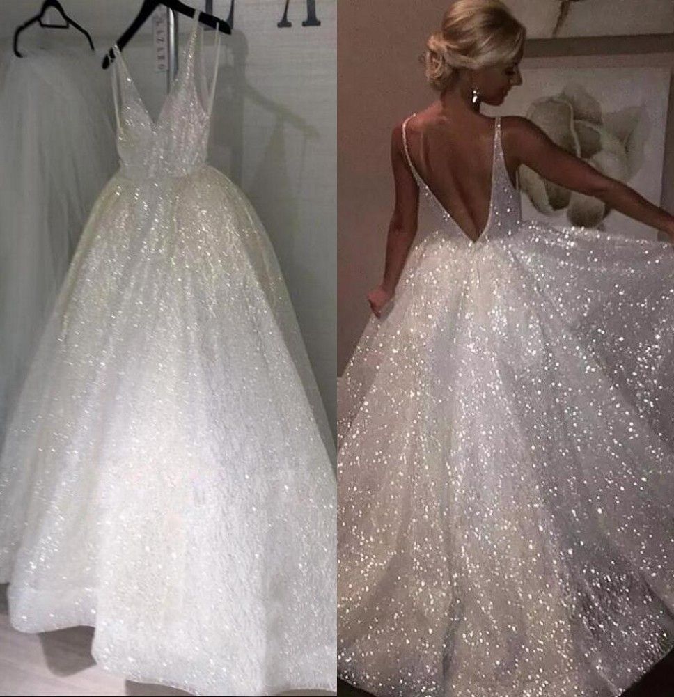 Discount Sparkle Sequined White Long Wedding Dresses 2019 Deep V Neck