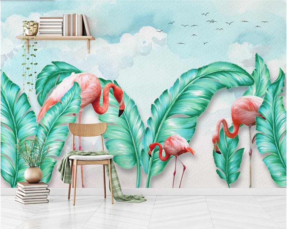 Nordic Hand Drawn Tropical Leaves Flamingo 3d Wallpaperliving Room
