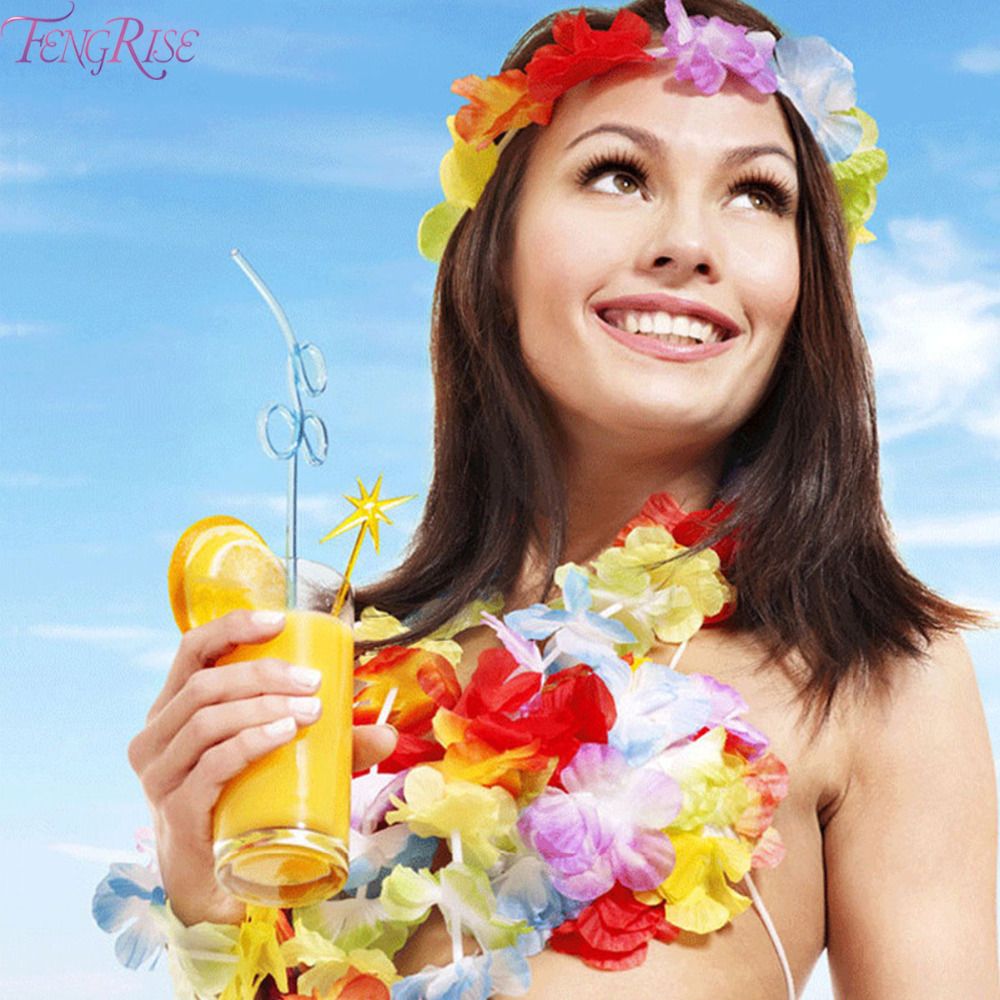 4 Piece Hawaiian Lei Set Multi Coloured Tropical Beach Fancy Dress