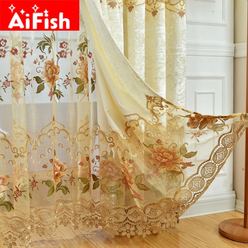 Europe Window Treatments Water Soluble Hollow Embroidered Luxury Voile Curtains For Living Room Lace Tulle Ap321 30