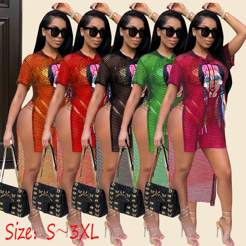 Robe De Plage D été Femmes Maille Noir Caractères Impression Côté Fendue Maxi Robes De Soirée évider Boho Voir à Travers La Robe Sexy