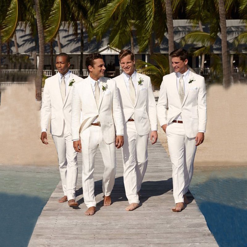 2018 Linen Beach Wedding Suits For Groom Ivory Groomsmen White