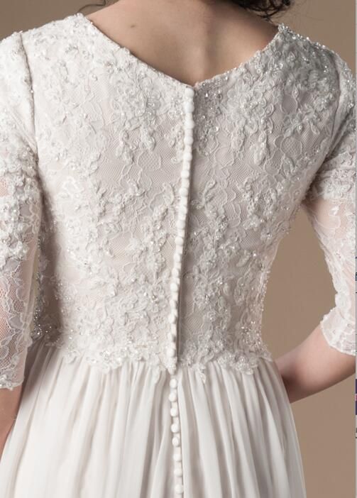Discount Ivory Champagne Modest Wedding Dresses With 3/4 Sleeves Beaded Lace A Line Chiffon Boho
