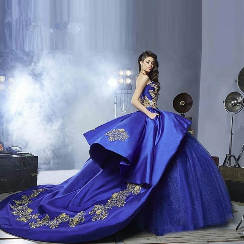 2019 Royal Blue Quinceanera Dresses With Gold Embroidery Peplum Ball