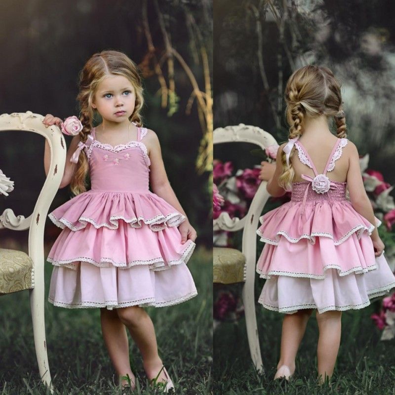 Pink Short Flower Girl Dresses For Beach Wedding Gowns Cotton