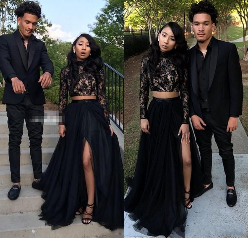 2018 Newest Lace Black Two Pieces Prom Dresses High Neck 