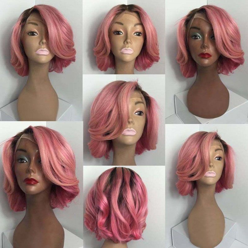 T1b Pink Ombre Short Lace Front Human Hair Bob Wigs For Black