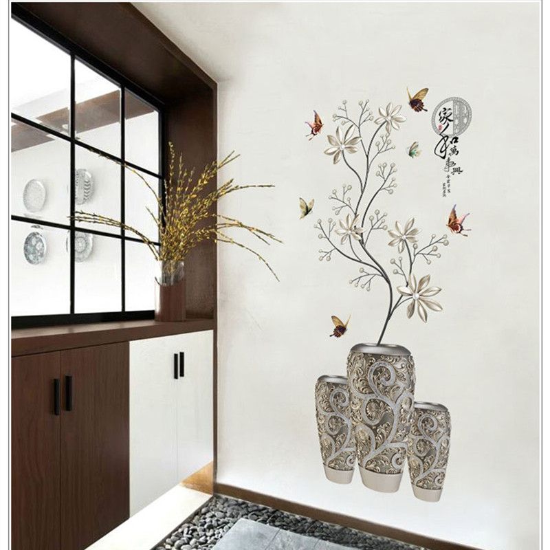 Modern Chinese Style Wall Sticker Silver White Flower Vase Erfly Decor Applique Bedroom Dining Room Entrance Decoration Diy