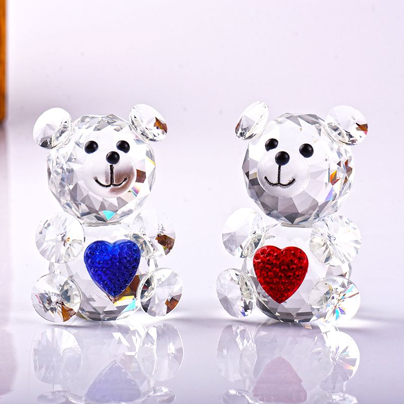 2020 8 CM Cute Clear Glass Crystal Bear With Pink Blue Bowknot Heart