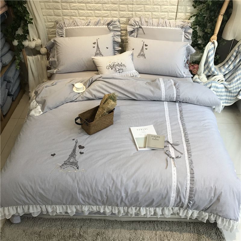 Luxury Egypt Cotton Romantic Paris Lace Bedding Set Yarn Dyed 4 Pcs Luxury Egypt Cotton Romantic Paris Lace Bedding Set Yarn Dyed Chiffon Duvet Cover