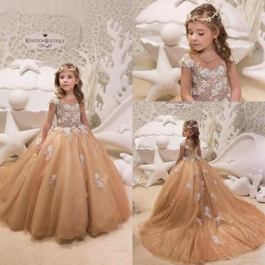2019 New Gold Princess Flower Girl Dresses Jewel Neck Cap Sleeves Lace ...