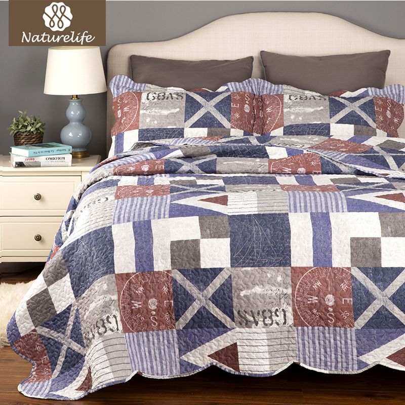 Naturelife Blue Nautical Plaid Bedclothes Luxurious Quilted Bed Set Naturelife Blue Nautical Plaid Bedclothes Luxurious Quilted Bed Set Linen Microfiber Patchwork Bedspread Bedding Sheet Sets Comforter King