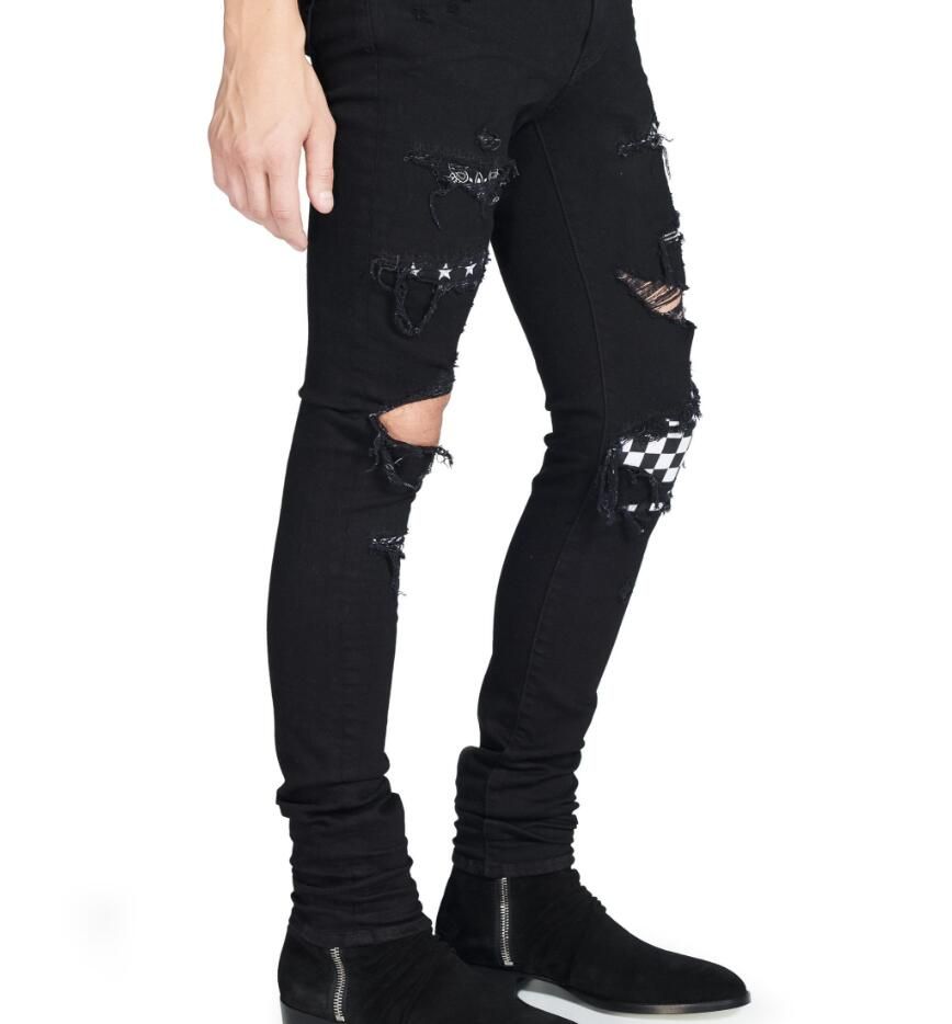 black ripped jeans men's slim straight