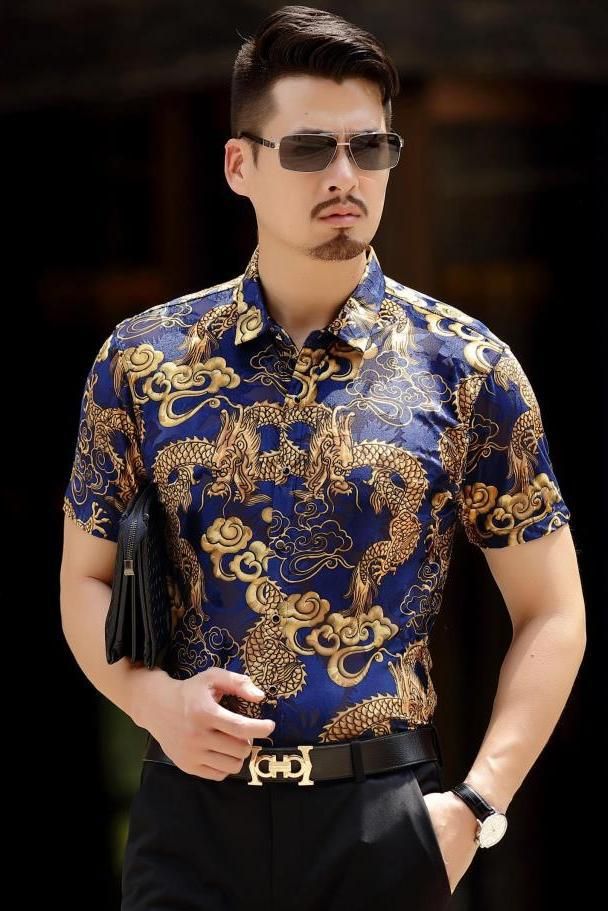 Short Sleeve Silk Shirts Mens Dragon 