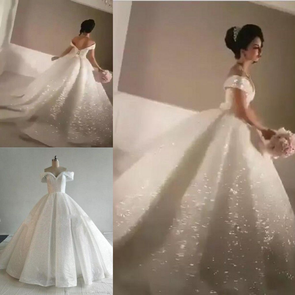 Bling A Ligne Robes De Mariée Sequin Hors épaule Chapelle Train Paillettes Collées Dentelle Real Image Cendrillon Sexy Robes De Mariée Puffy