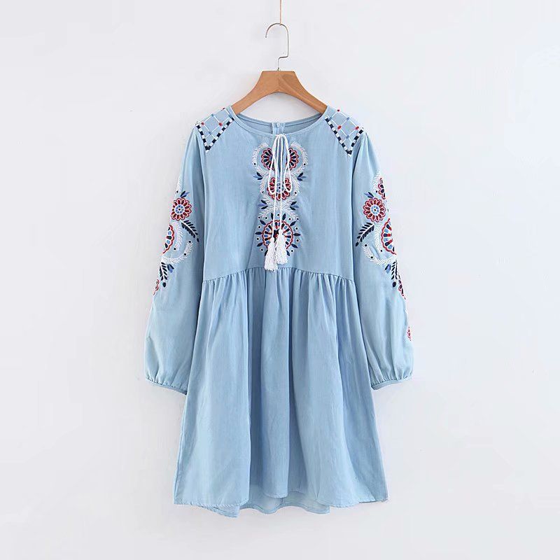 2018 women clothing long sleeve lace up floral embroidery relaxed