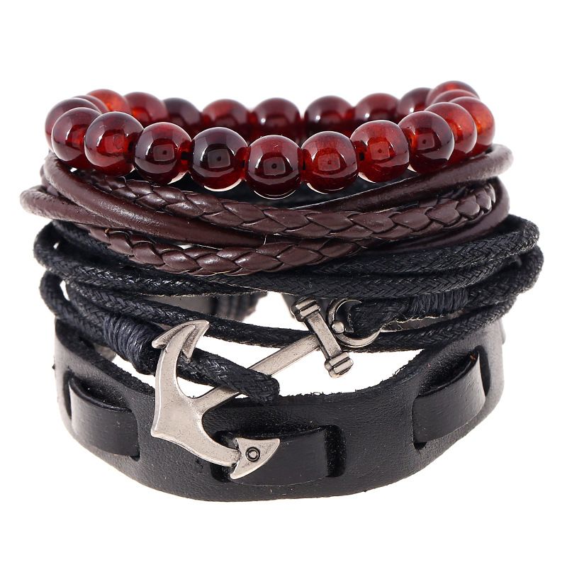 2020 Leather Retro Woven Mens Bracelet Boat Anchor Punk Handmade Braid