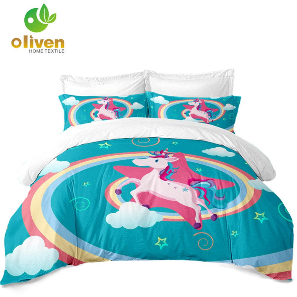 Blue Bedding Set Cartoon Unicorn Print Duvet Cover Girls Sweet Blue Bedding Set Cartoon Unicorn Print Duvet Cover Girls Sweet Rainbow Bed Linens Flat Sheet King Queen Pillow Case D45 Egyptian Cotton Twin