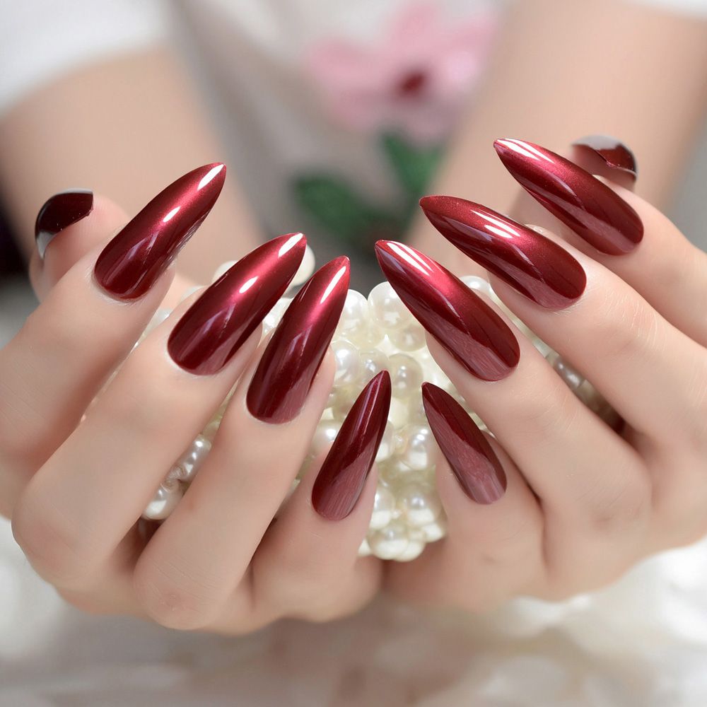 Wine Red False Fake Artificial Nail Extra Long Stiletto ...