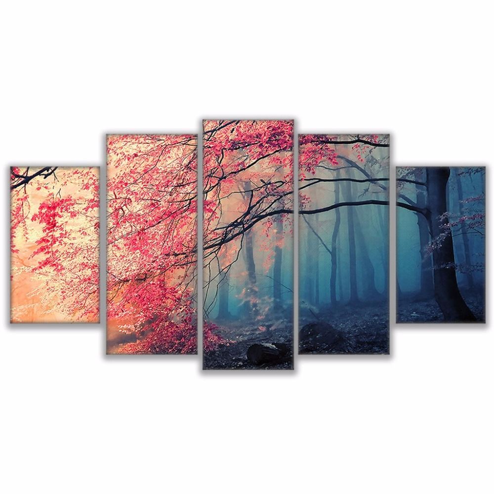 Poster Hd Prints Modern Wall Art Canvas For Living Room 5 Pieces Cherry Blossoms Pictures Decor Red Trees Forest Painting