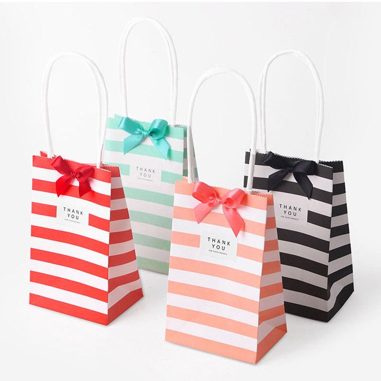 Small Gift Bag With Handles Bow Ribbon Stripe Paper Handbag Cookies