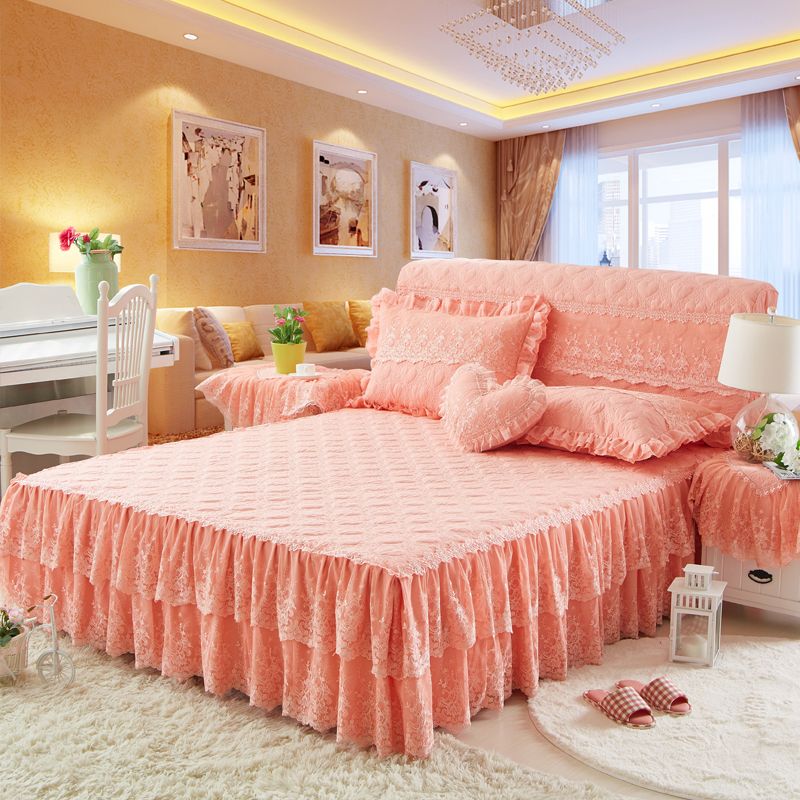 Cotton Lace Girls Princess Bedding Sets Blue Pink Beige Bed Skirts Cotton Lace Girls Princess Bedding Sets Blue Pink Beige Bed Skirts Set King Queen Full Size Spread Pillowcases Brown Ruffle Skirt Dust Ruffles For