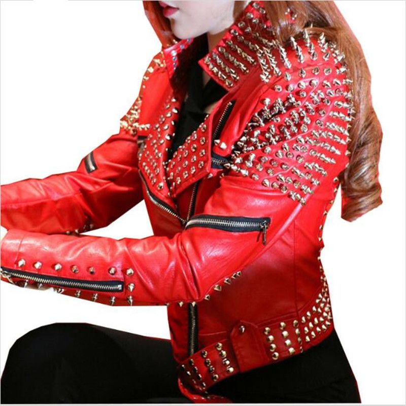 Whole Red Leather Jacket Women Punk Rivets Studded Motorcycle Whole Red Leather Jacket Women Punk Rivets Studded Motorcycle Spiked Jackets Veste En Cuir Femme Cazadora Cuero Mujer
