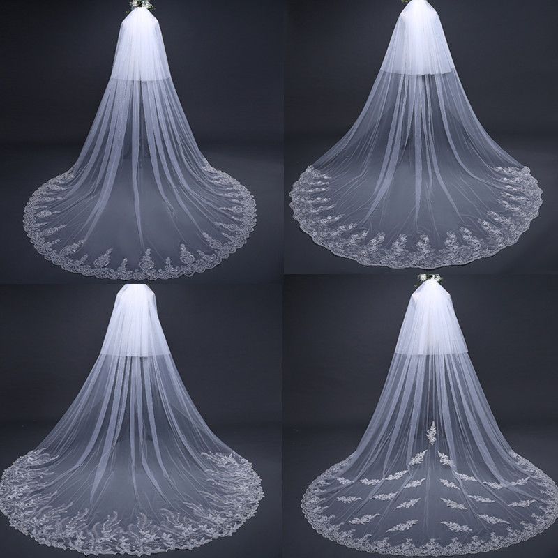 Ivory Long Wedding Veils 2 Layers Tulle Lace Rhinestone Beaded Edge