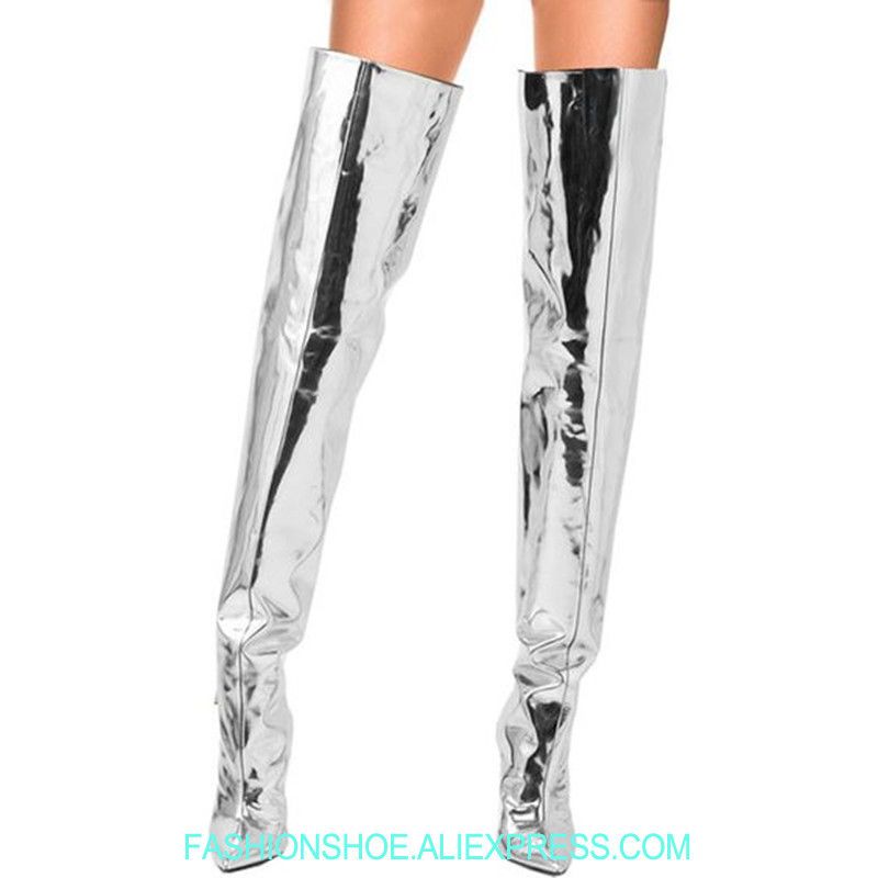 Motorradstiefel Über Oberschenkel Metallic Mode Lackleder High Spitz Knie Gold Silber Hohe Heels Stiletto Schwarz Stiefel 5AjL34R
