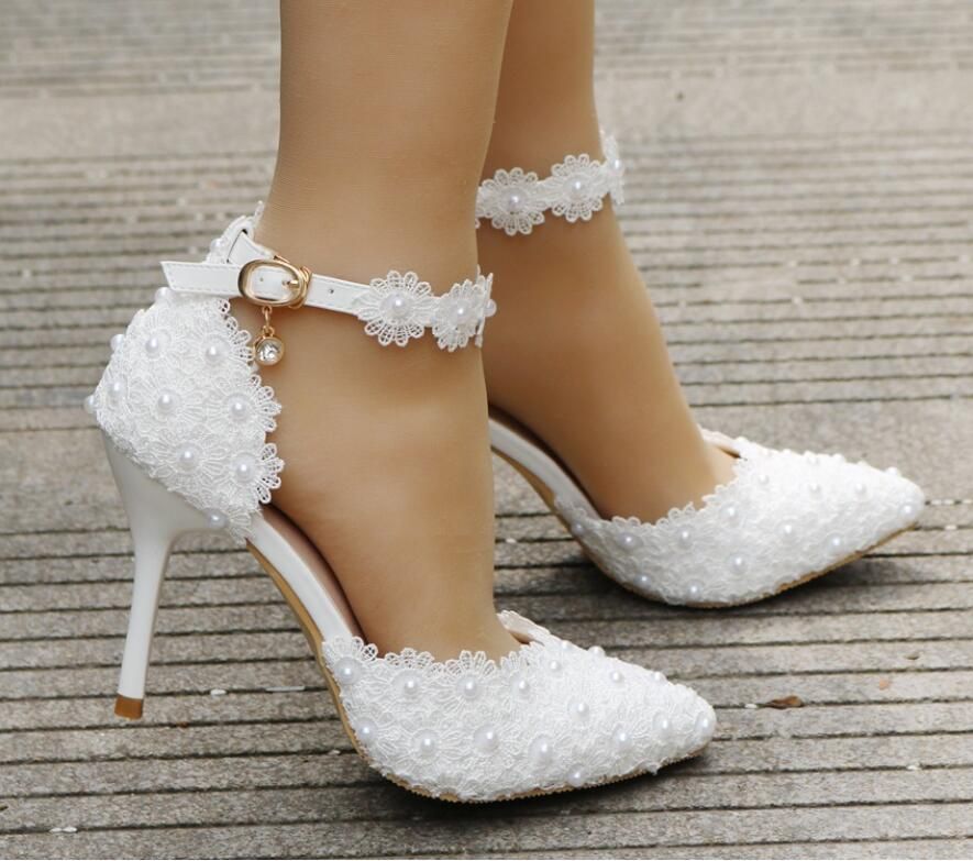 White Lace Flower Wedding Shoes Strap Brides Shoes And Pointy Head For ...