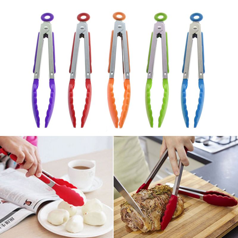 Kitchen Tongs Silicone Cover BBQ Clip Stainless steel Food Salad Tongs Kitchen