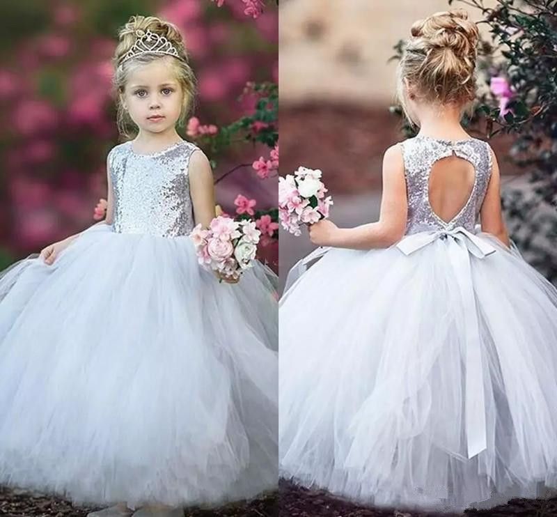 silver and white flower girl dresses