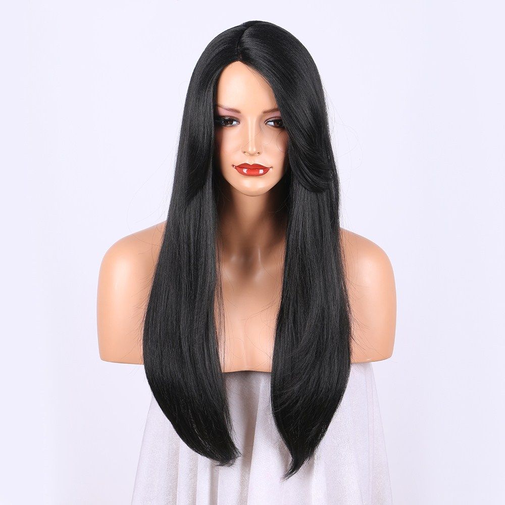 Jet Black Wigs With Bangs Natural Straight Synthetic Hair Lace