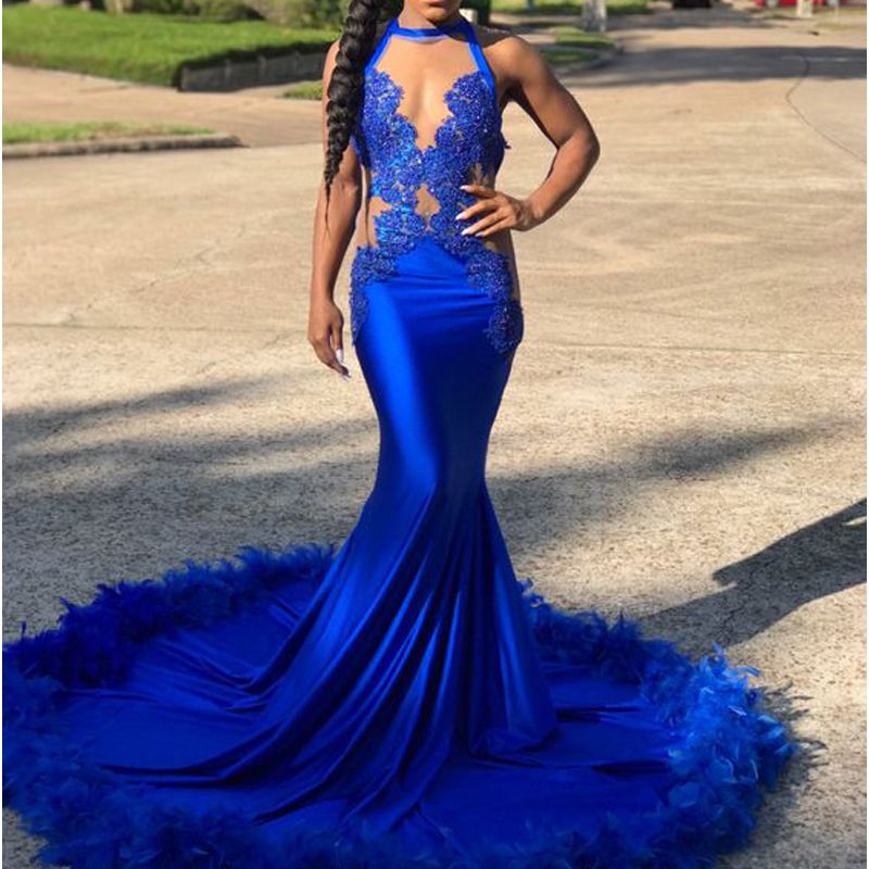 Royal Blue Feather Prom Dresses Sheer Bodice Mermaid Sexy Evening ...