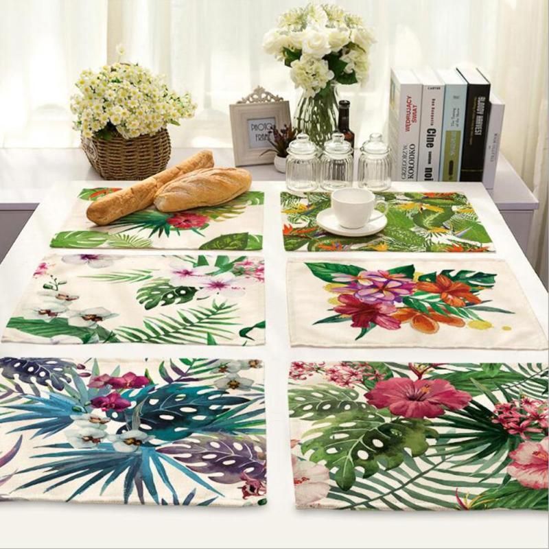 Flowers Plants Pattern Linen Napkins On Table Placemat Kitchen