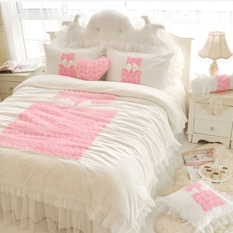 Korean Princess Bedding Sets White Ruffles Bedspread Lace Rose Korean Princess Bedding Sets White Ruffles Bedspread Lace Rose Flower Duvet Cover Queen King Bed Skirt Bedclothes Cotton Nursery Covers